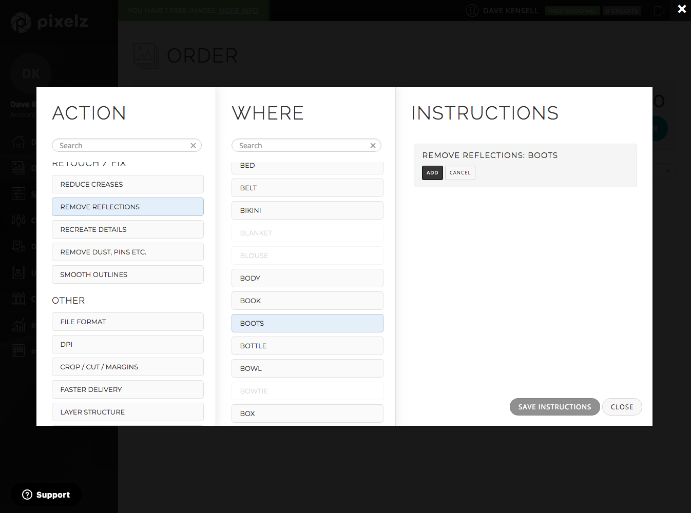Combine options to create instructions Menu with Instructions options for retouching